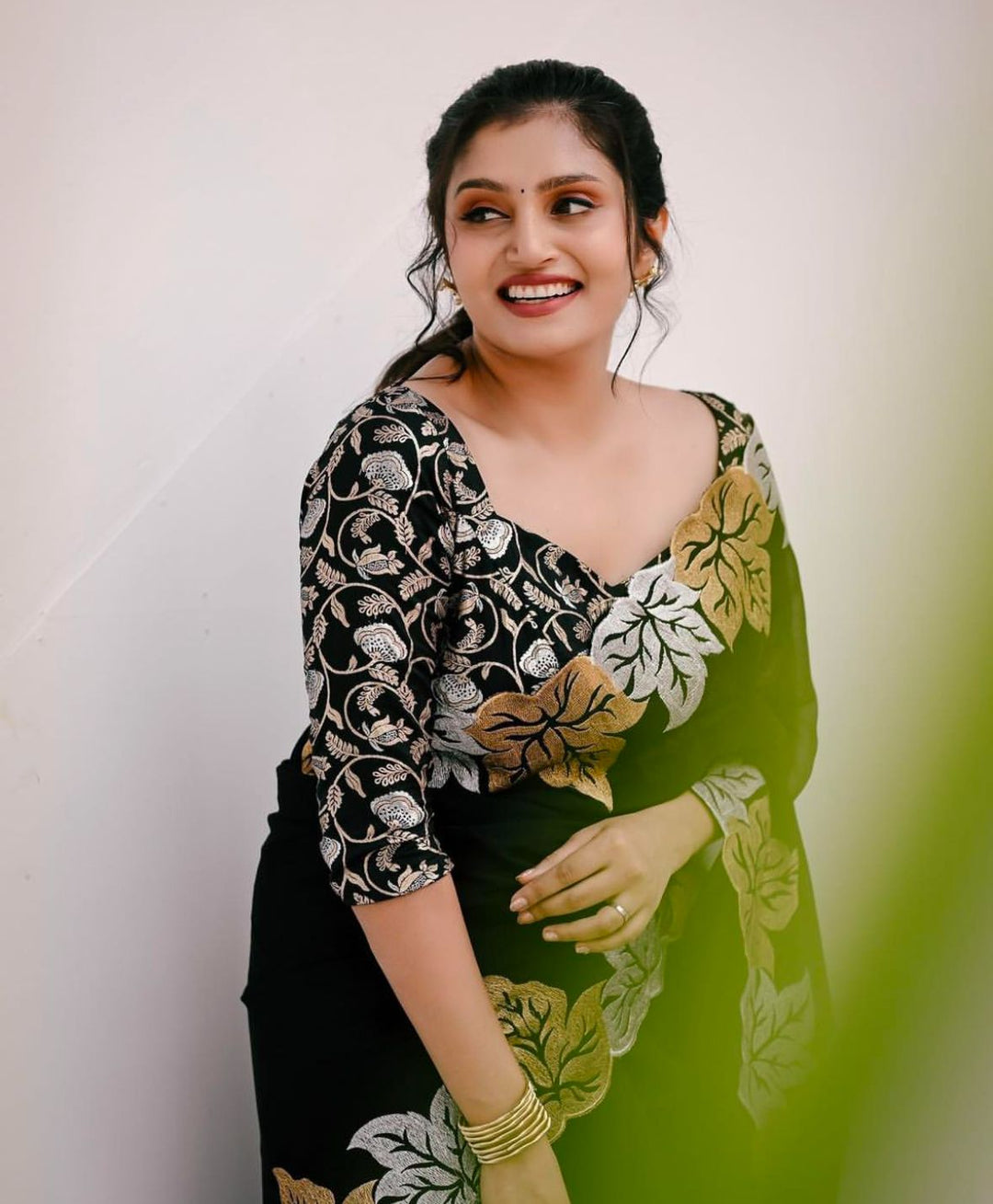 Black Colour Blooming Georgette With Embroidery Full Work Saree