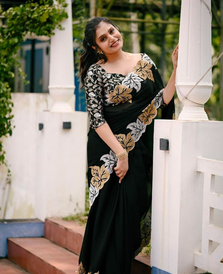 Black Colour Blooming Georgette With Embroidery Full Work Saree