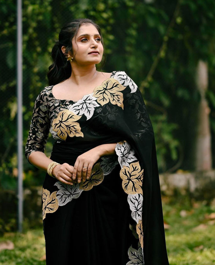 Black Colour Blooming Georgette With Embroidery Full Work Saree
