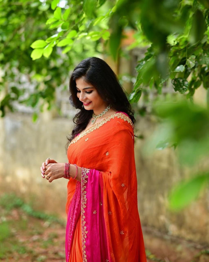 Orange Color Chinnon Saree With Embroidery Sequins And Jari Work And Border Arca With Unstitched Blouse Piece