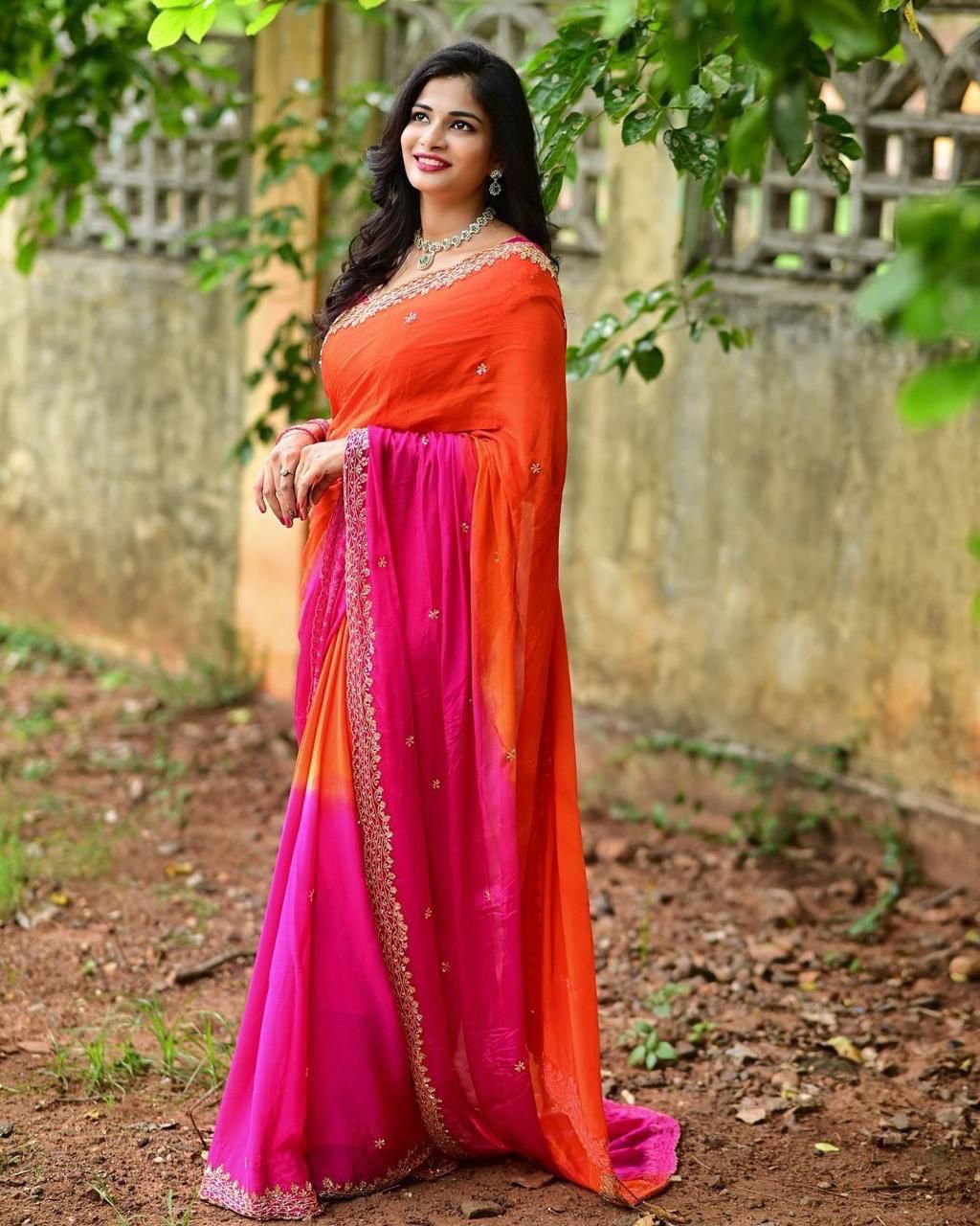 Orange Color Chinnon Saree With Embroidery Sequins And Jari Work And Border Arca With Unstitched Blouse Piece