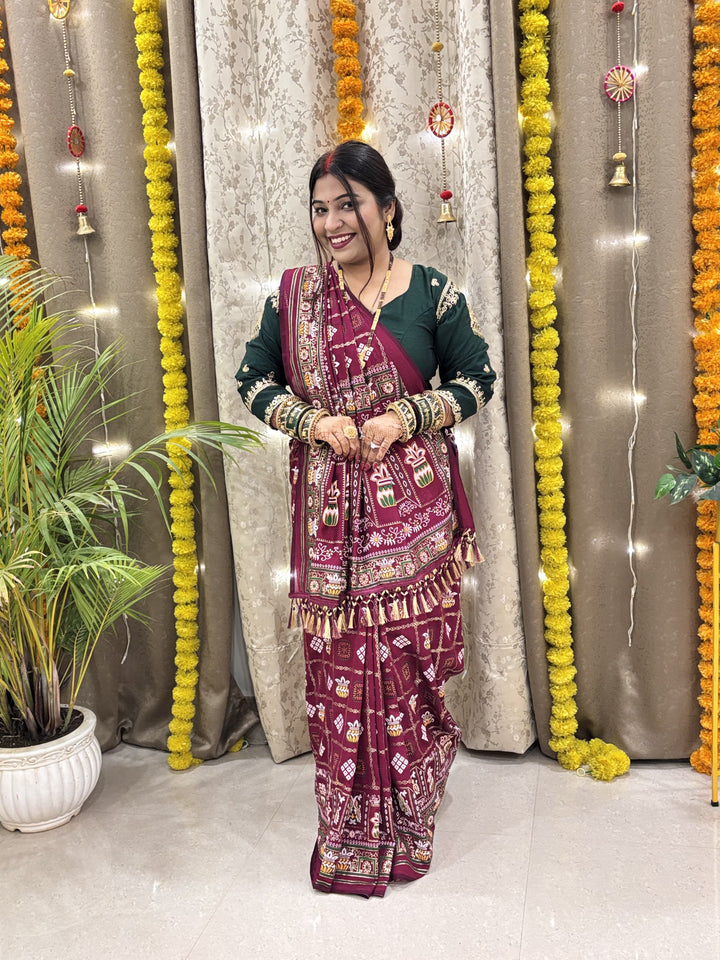 Wine Colour Foil Print Traditional Patola Party Wear Saree