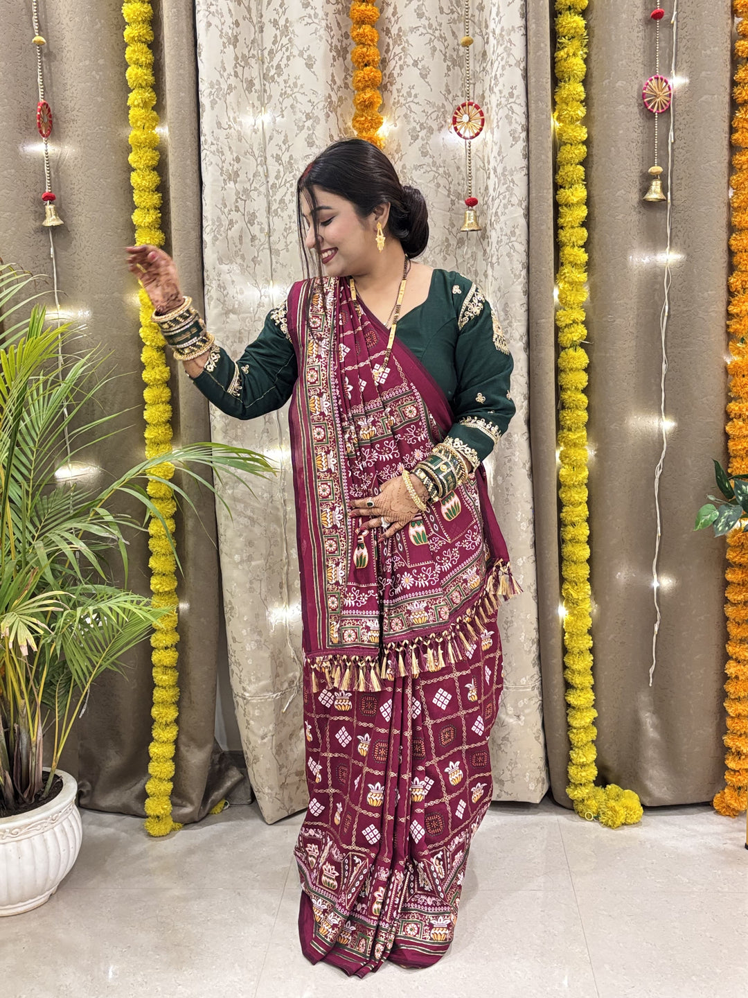 Wine Colour Foil Print Traditional Patola Party Wear Saree