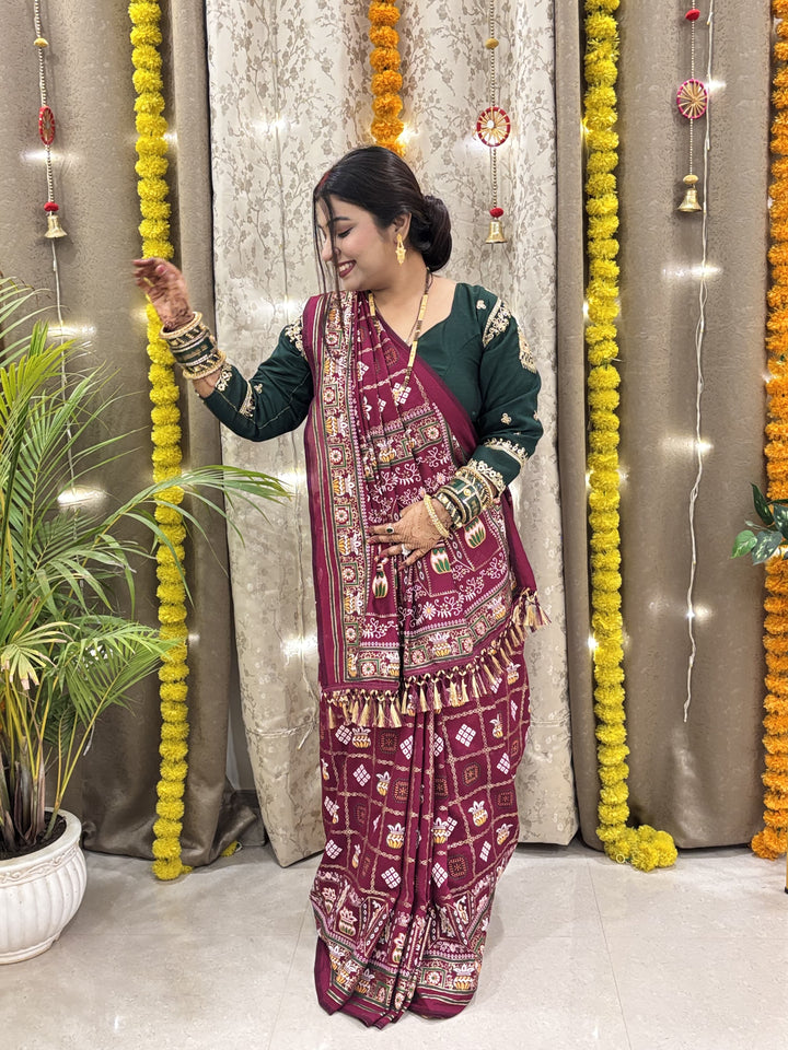 Wine Colour Foil Print Traditional Patola Party Wear Saree