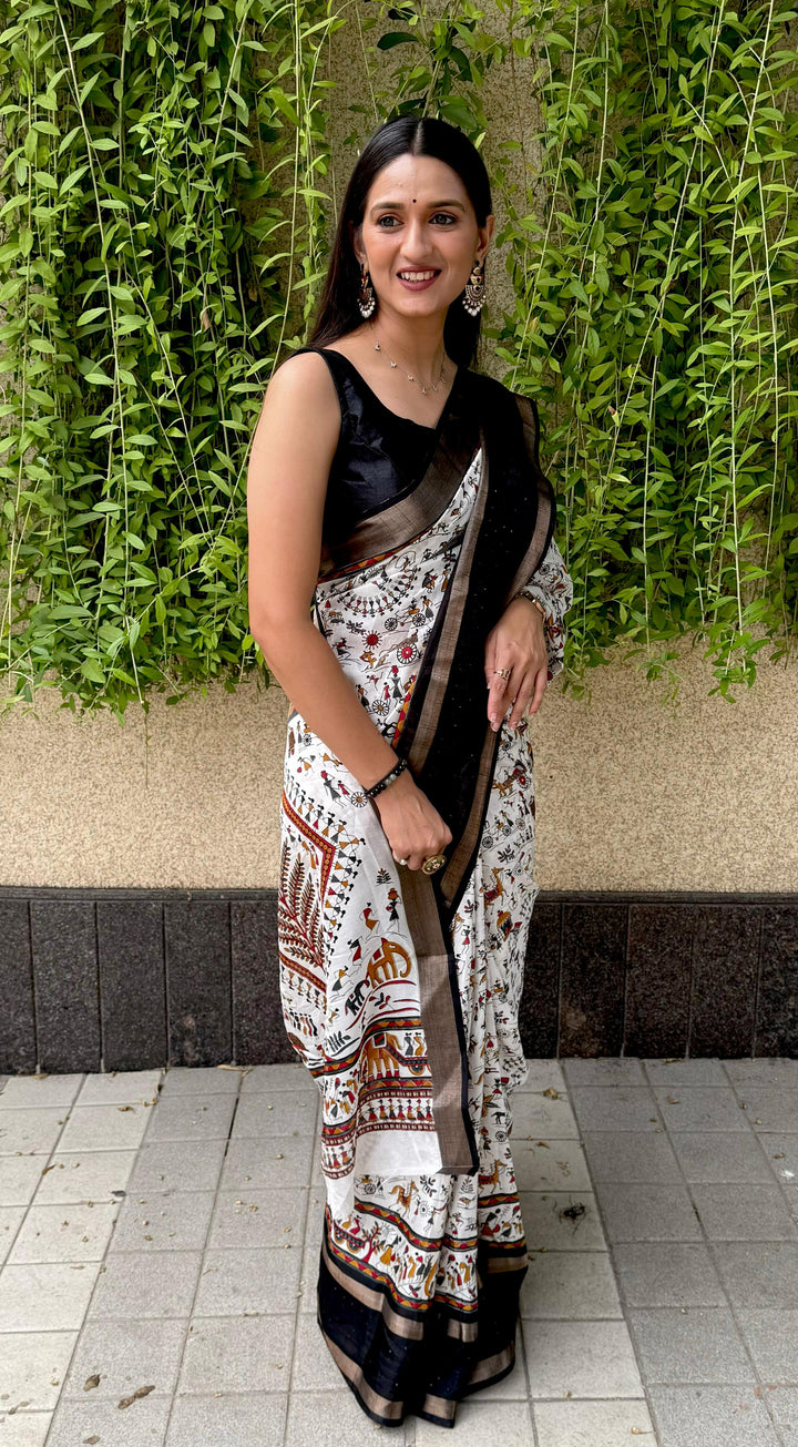 Black & White Cotton Saree with Micro Colourful Print With Unstitched Blouse