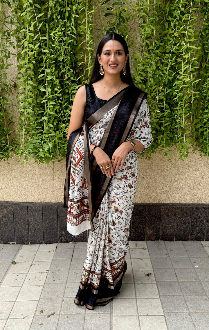 Black & White Cotton Saree with Micro Colourful Print With Unstitched Blouse