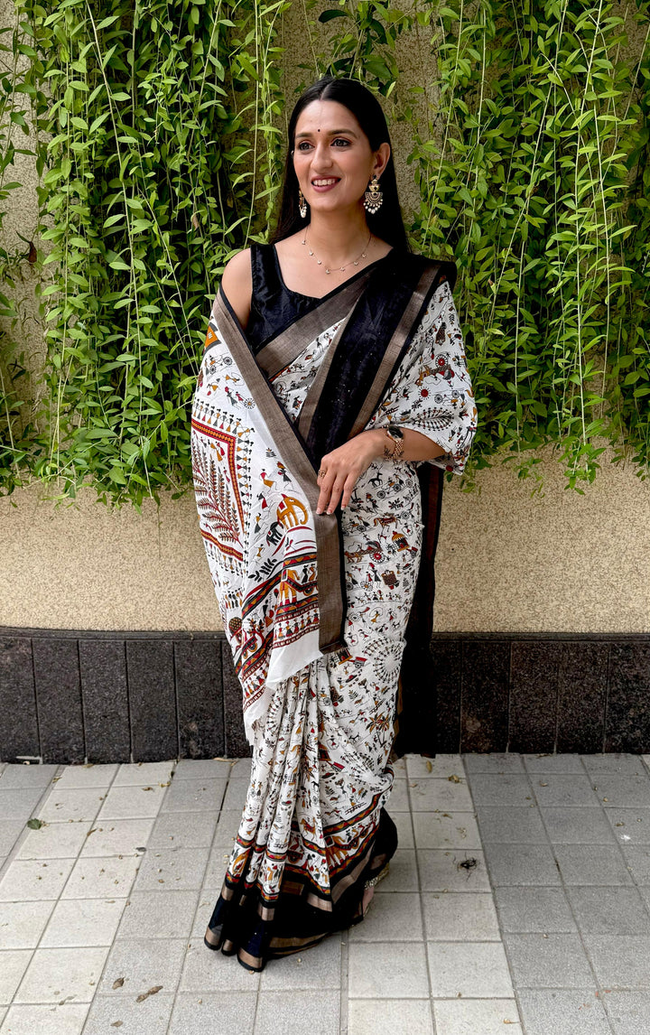 Black & White Cotton Saree with Micro Colourful Print With Unstitched Blouse