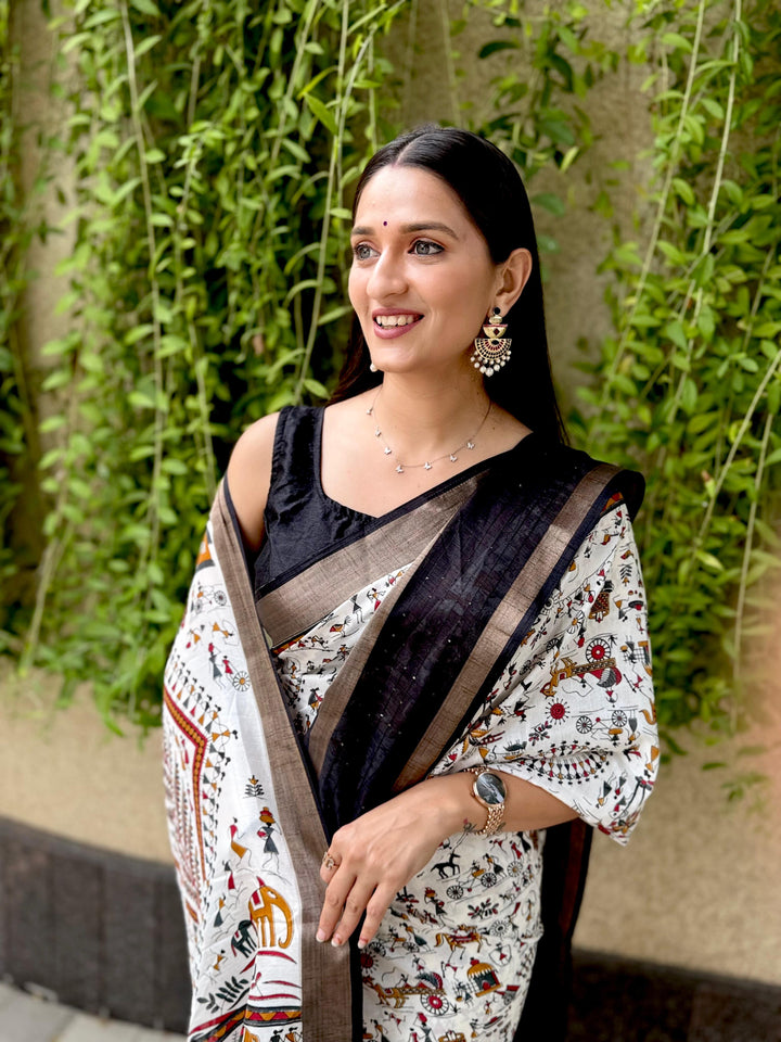 Black & White Cotton Saree with Micro Colourful Print With Unstitched Blouse