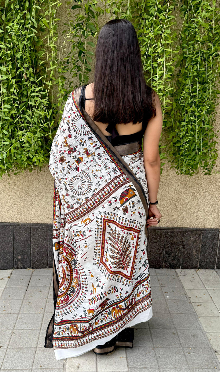 Black & White Cotton Saree with Micro Colourful Print With Unstitched Blouse