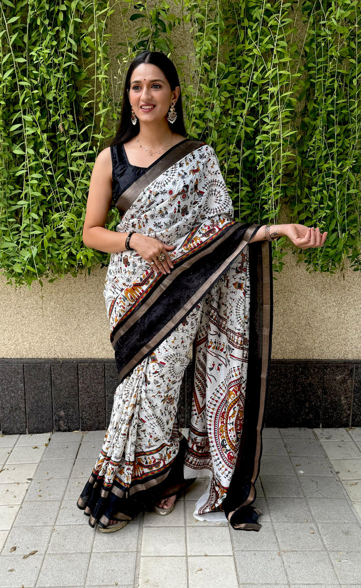 Black & White Cotton Saree with Micro Colourful Print With Unstitched Blouse