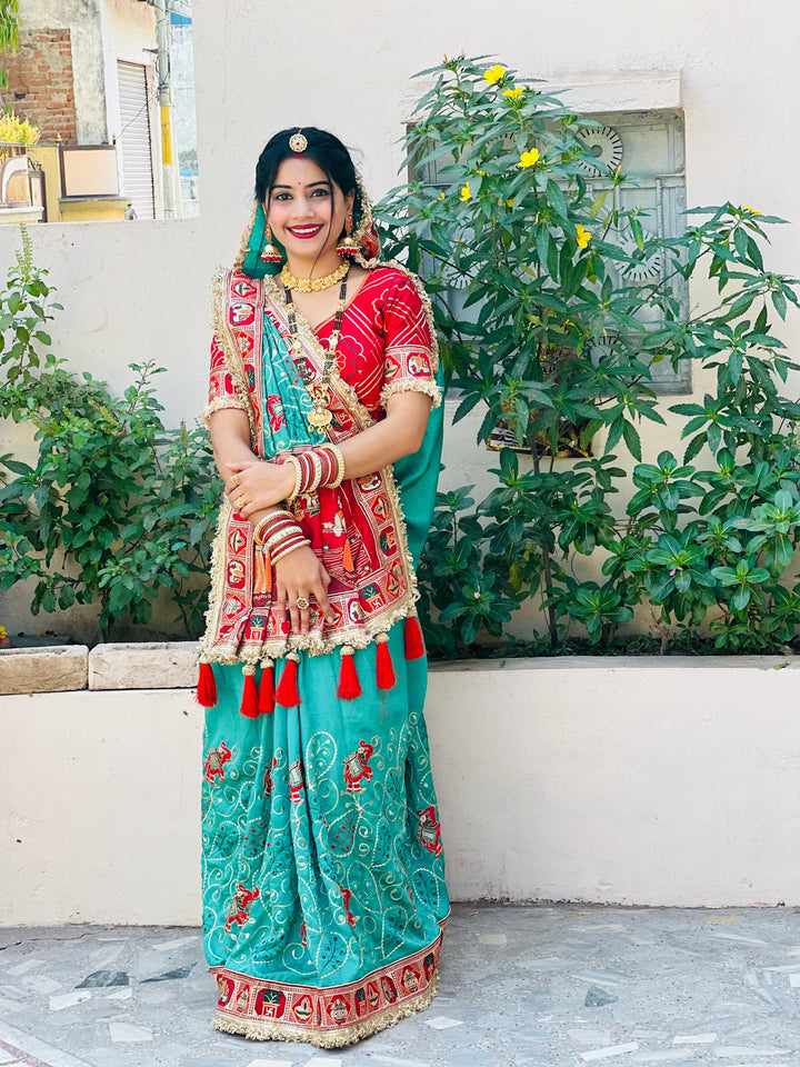 Teal Greenish-Blue Colour Vat Savitri Special Embroidered Saree