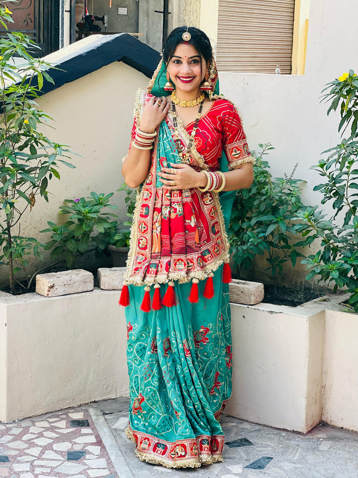 Teal Greenish-Blue Colour Vat Savitri Special Embroidered Saree