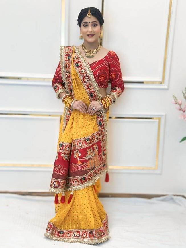 Pure Viscose Yellow Colour Saubhagyavati Bhava Ghatchola Saree