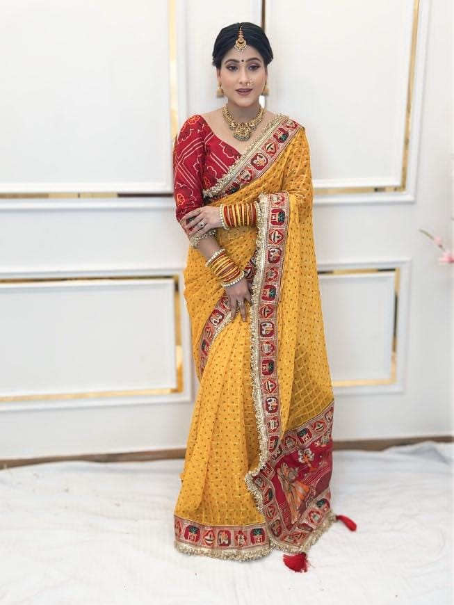 Pure Viscose Yellow Colour Saubhagyavati Bhava Ghatchola Saree