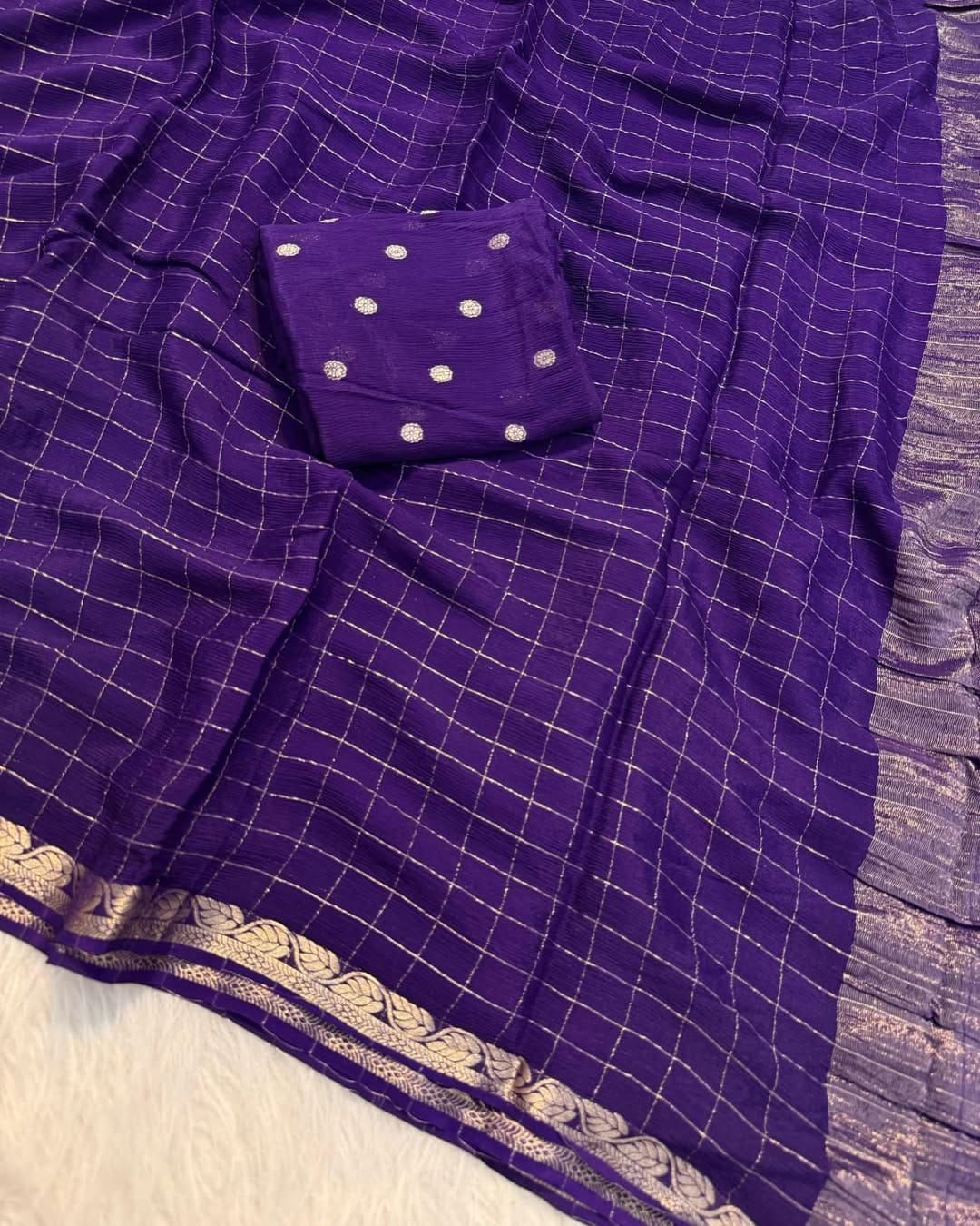 Purple Color Viscose Weaving chinnon Saree With Pure Jacquard Zari Weaving Blouse