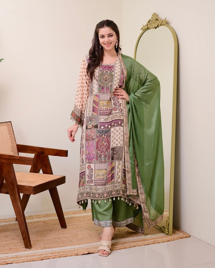 Multi color Plus Size Printed with fancy embroidery and mirror work Kurti-Plazzo set