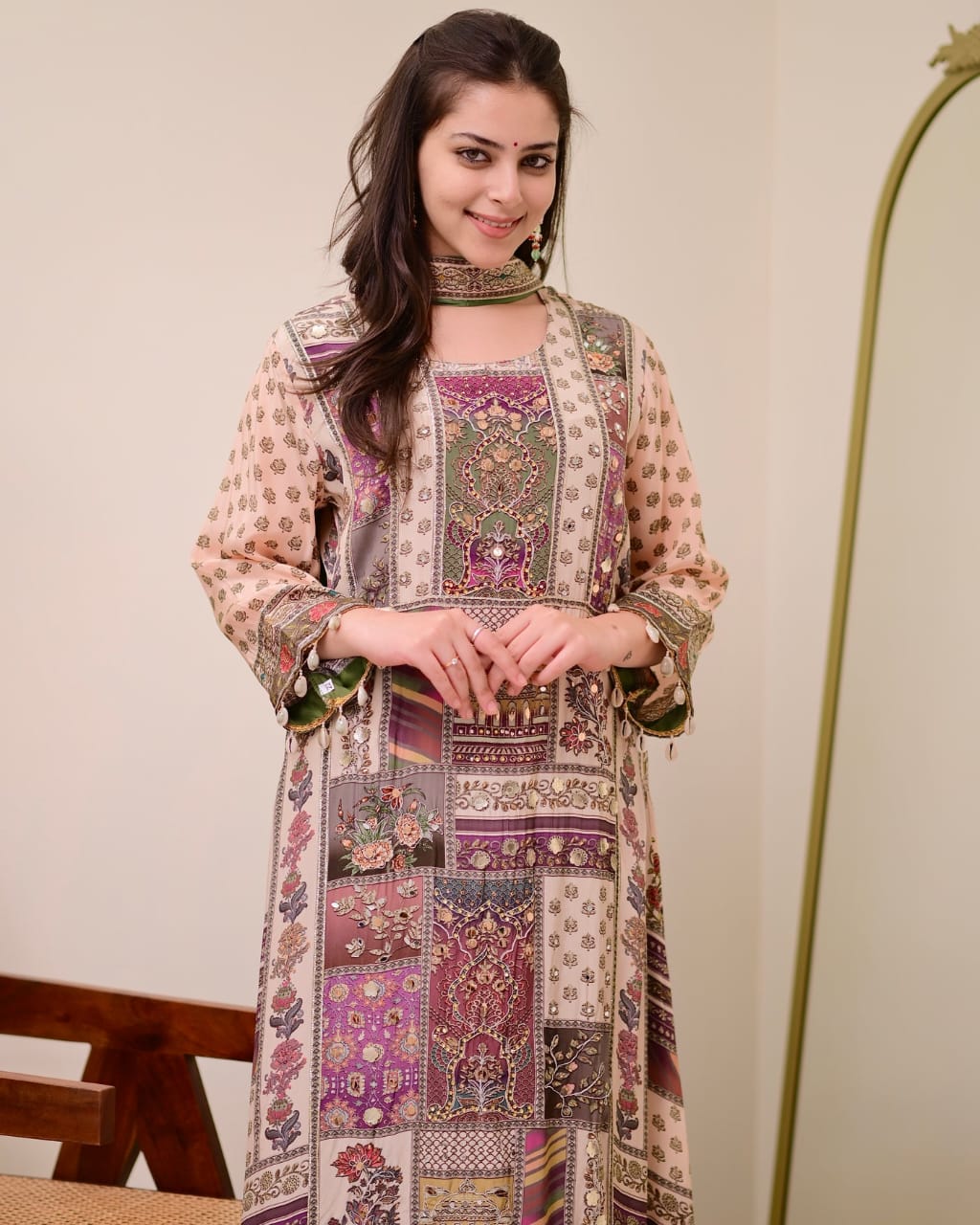 Multi color Plus Size Printed with fancy embroidery and mirror work Kurti-Plazzo set