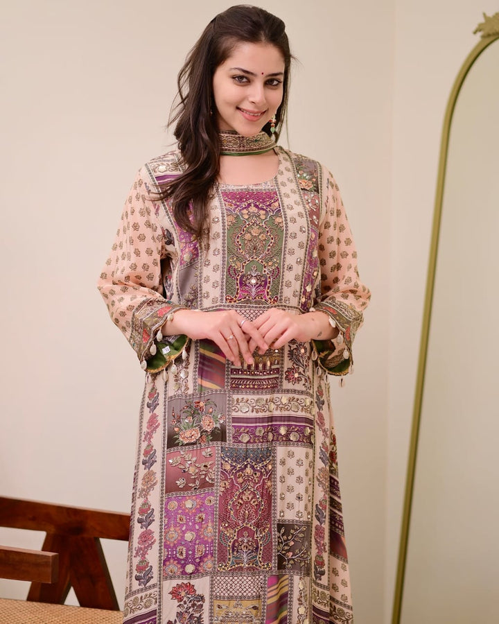 Multi color Plus Size Printed with fancy embroidery and mirror work Kurti-Plazzo set