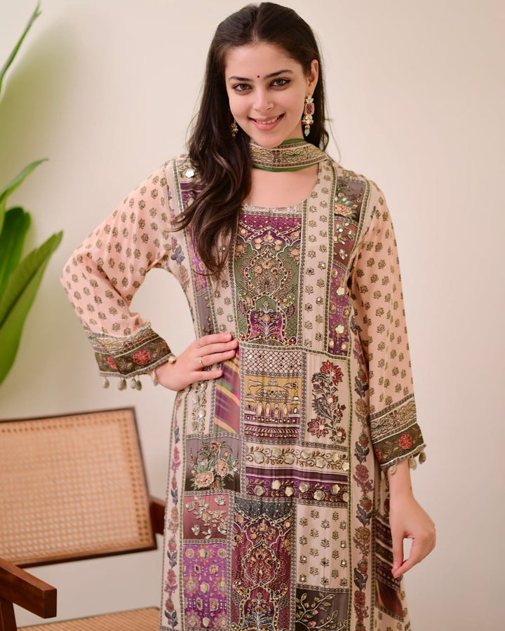 Multi color Plus Size Printed with fancy embroidery and mirror work Kurti-Plazzo set