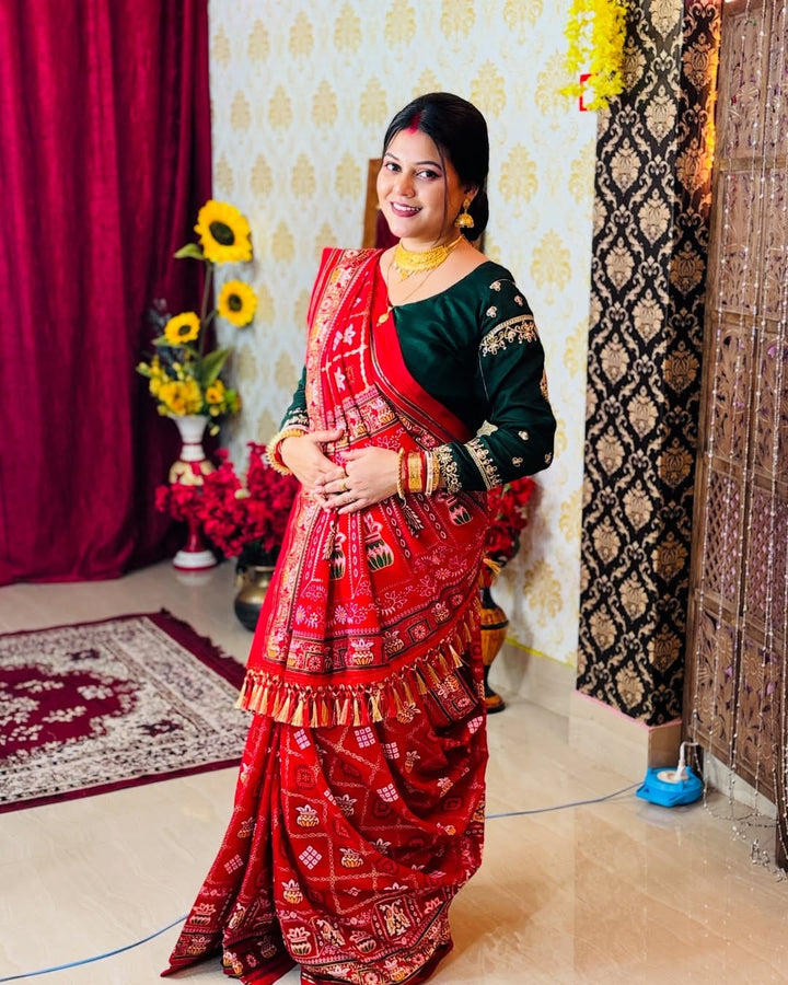 Red Colour Foil Print Traditional Patola Party Wear Saree