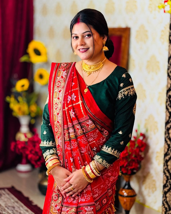 Red Colour Foil Print Traditional Patola Party Wear Saree