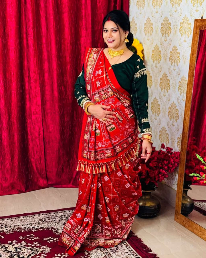 Red Colour Foil Print Traditional Patola Party Wear Saree