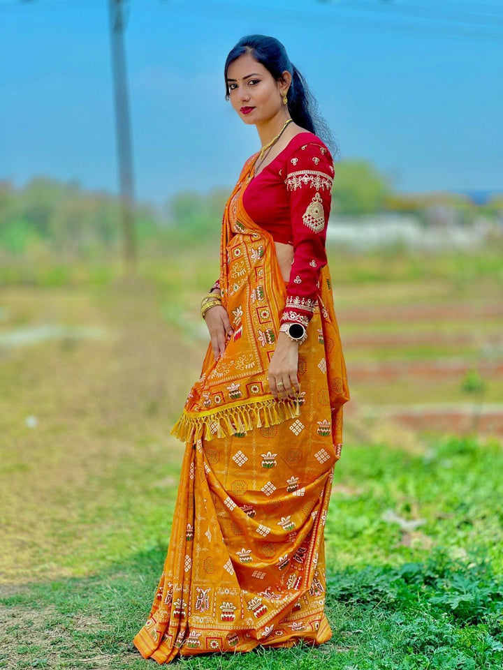 Yellow Colour Foil Print Traditional Patola Party Wear Saree