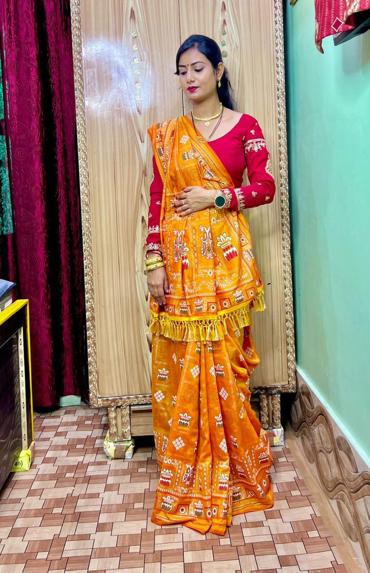 Yellow Colour Foil Print Traditional Patola Party Wear Saree