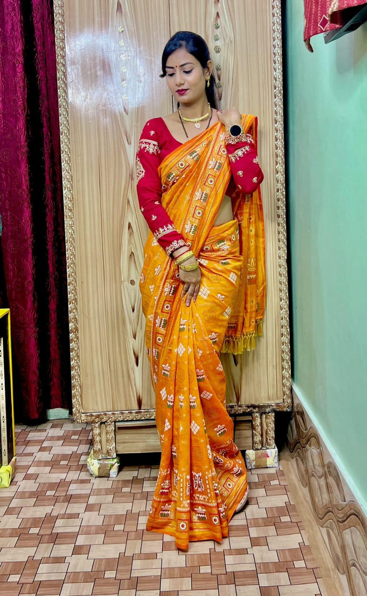 Yellow Colour Foil Print Traditional Patola Party Wear Saree