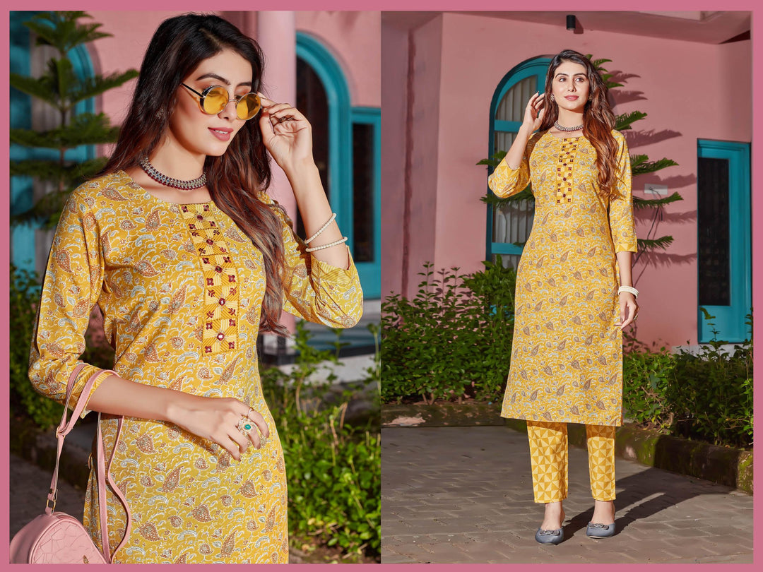 Yellow Color Cotton Blend Digital Print Kurti with Pant