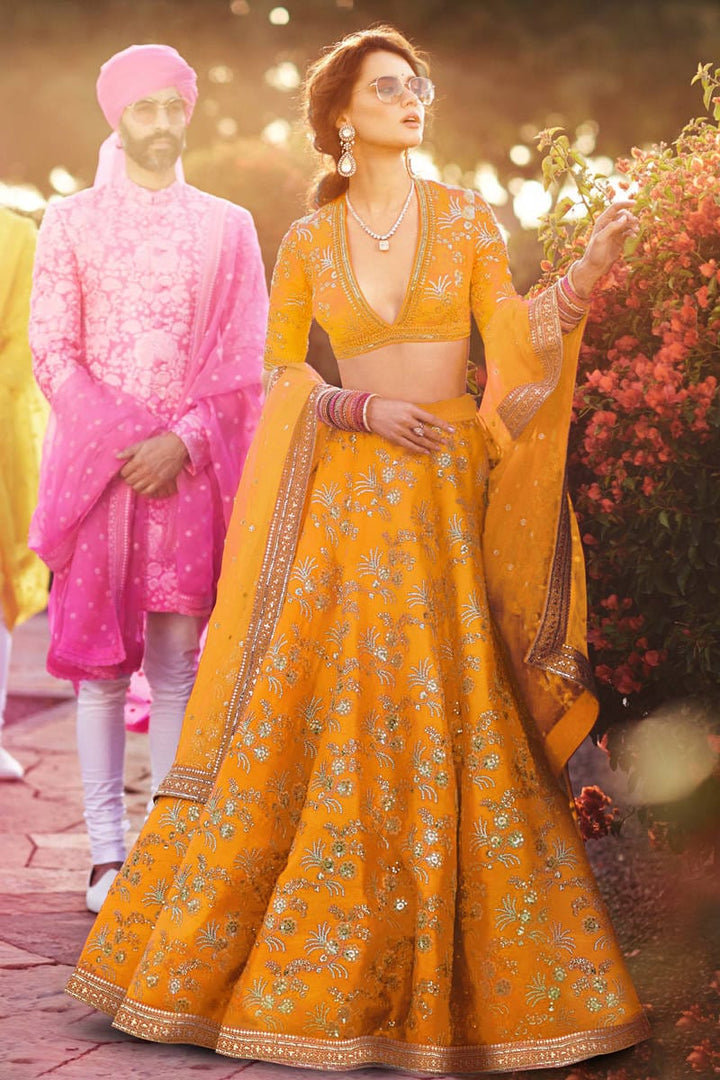 Yellow Color Thai Silk With Zari And Sequins Embroiderey Work Lehenga Choli