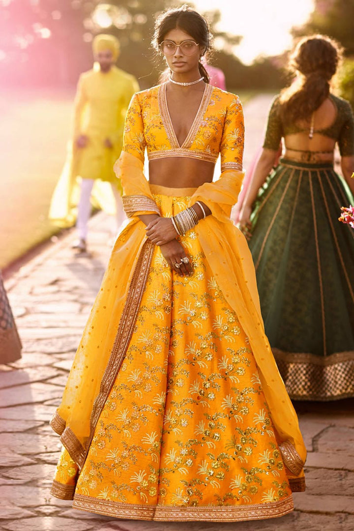Yellow Color Thai Silk With Zari And Sequins Embroiderey Work Lehenga Choli