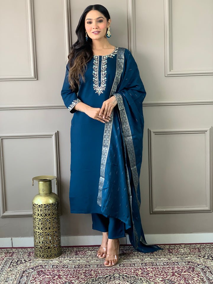 Petrol Color Viscose Chanderi Embroidered Straight  Kurta with Pant And Dupatta Sets