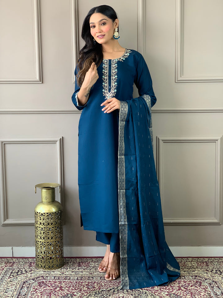 Petrol Color Viscose Chanderi Embroidered Straight  Kurta with Pant And Dupatta Sets