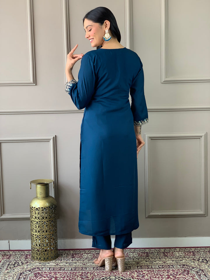 Petrol Color Viscose Chanderi Embroidered Straight  Kurta with Pant And Dupatta Sets