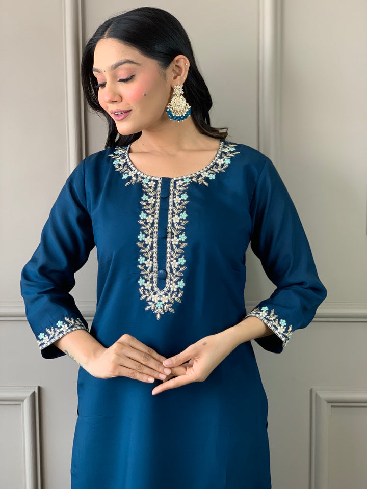Petrol Color Viscose Chanderi Embroidered Straight  Kurta with Pant And Dupatta Sets