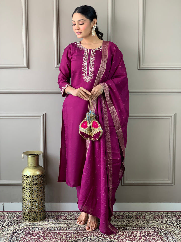 Wine Color Viscose Chanderi Embroidered Straight  Kurta with Pant And Dupatta Sets
