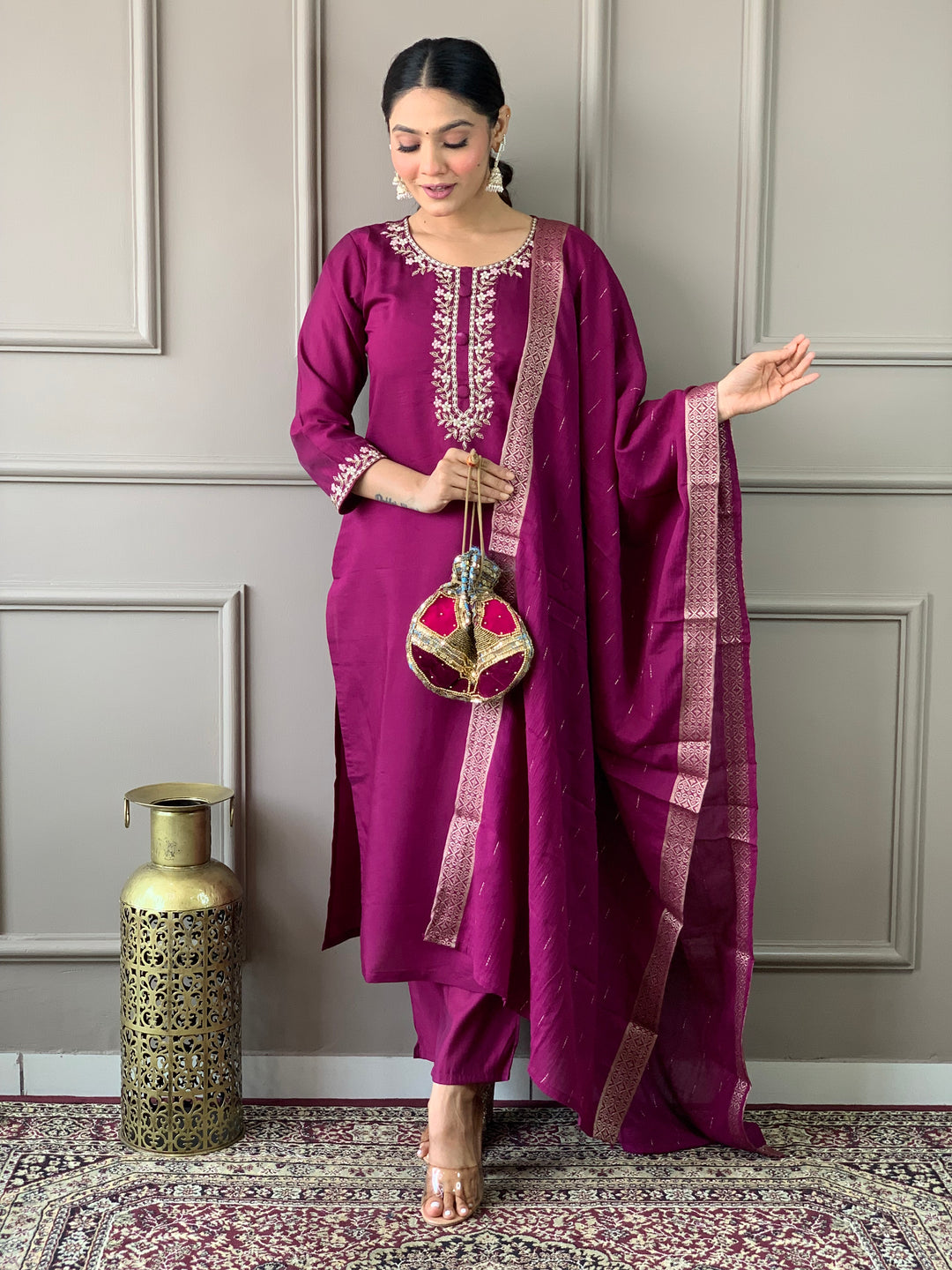 Wine Color Viscose Chanderi Embroidered Straight  Kurta with Pant And Dupatta Sets