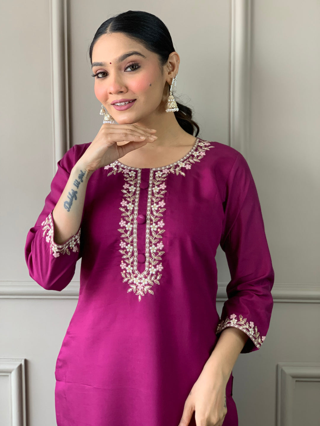 Wine Color Viscose Chanderi Embroidered Straight  Kurta with Pant And Dupatta Sets