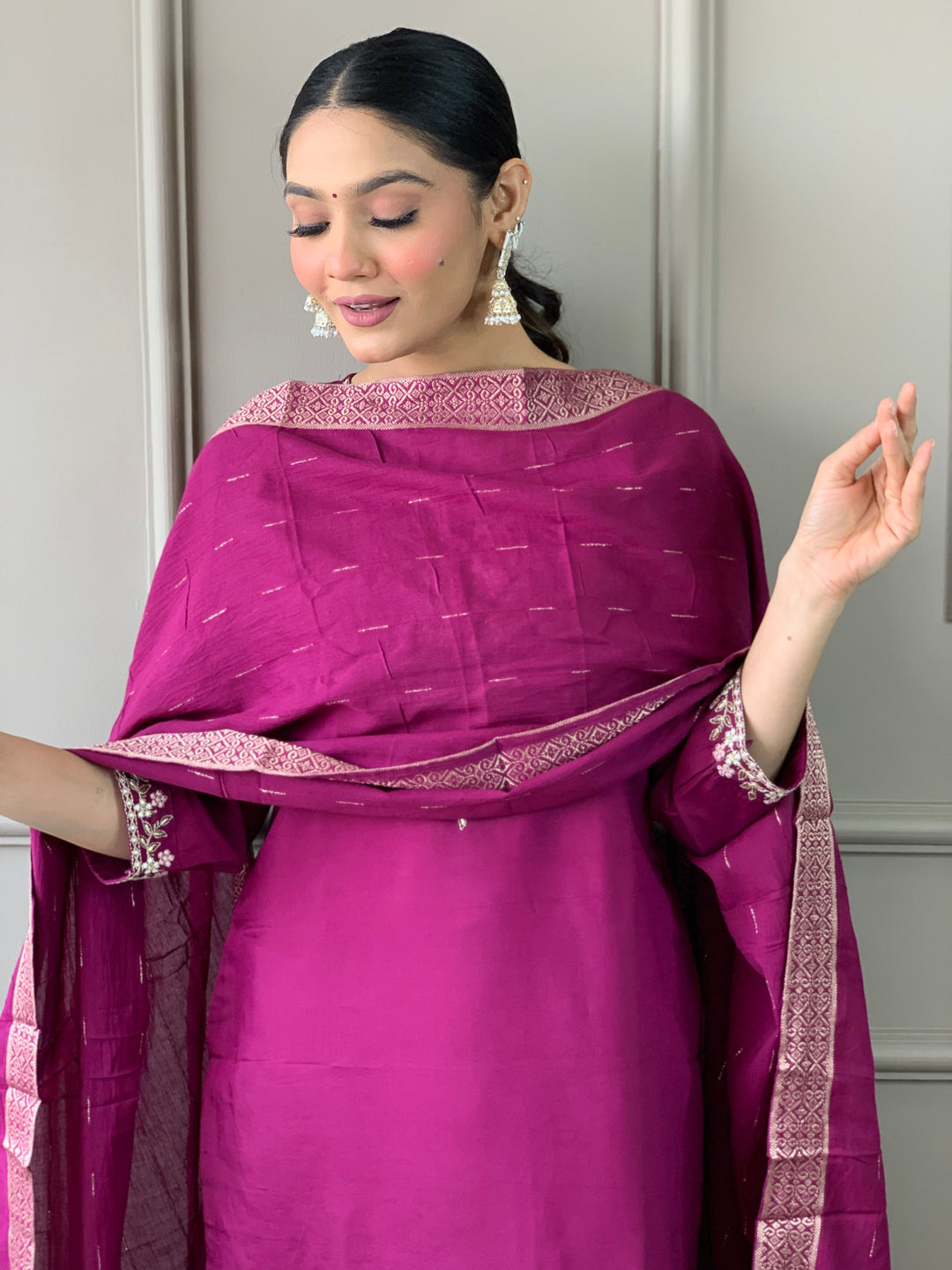 Wine Color Viscose Chanderi Embroidered Straight  Kurta with Pant And Dupatta Sets