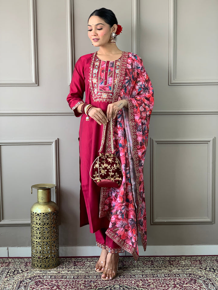 Rani Color Viscose Chanderi Embroidered Straight  Kurta with Pant And Dupatta Sets