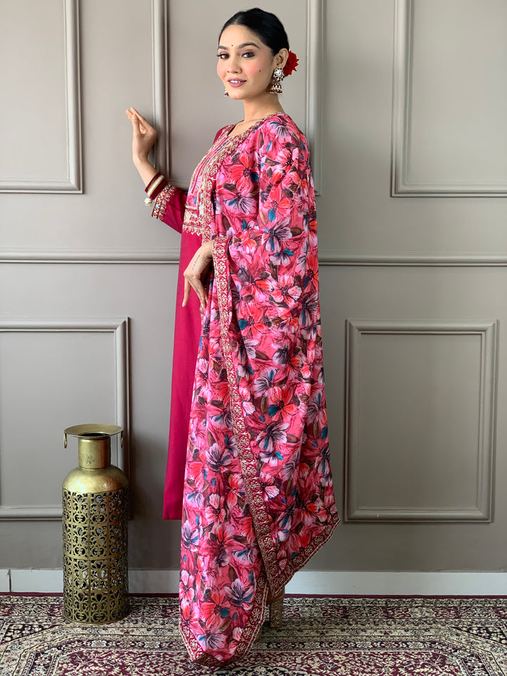 Rani Color Viscose Chanderi Embroidered Straight  Kurta with Pant And Dupatta Sets
