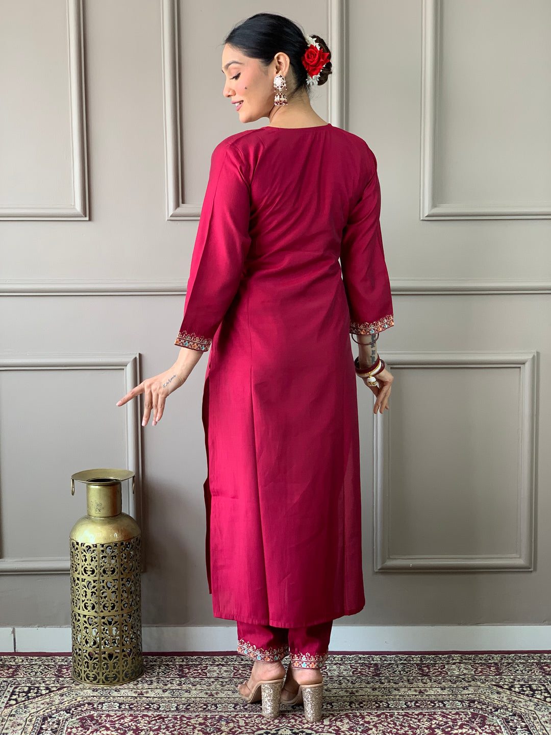 Rani Color Viscose Chanderi Embroidered Straight  Kurta with Pant And Dupatta Sets