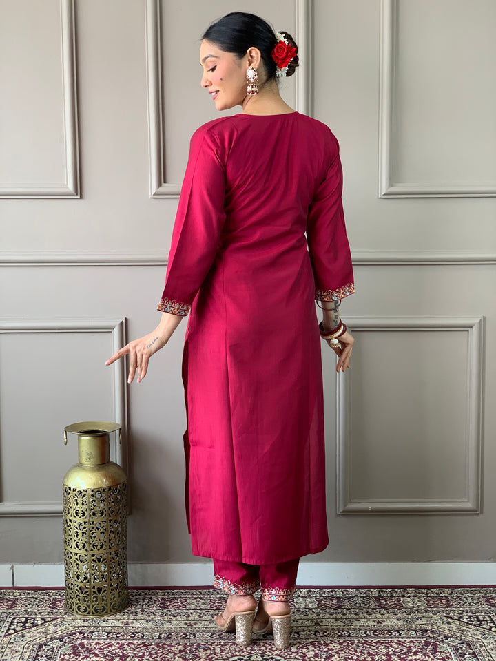 Rani Color Viscose Chanderi Embroidered Straight  Kurta with Pant And Dupatta Sets