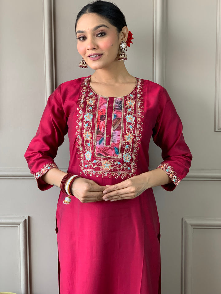 Rani Color Viscose Chanderi Embroidered Straight  Kurta with Pant And Dupatta Sets