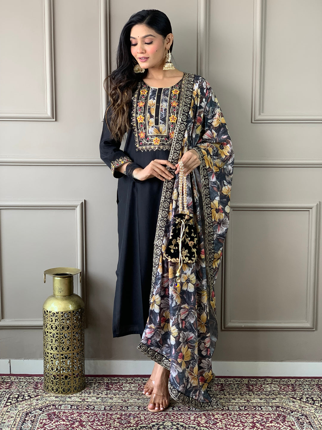 Black Color Viscose Chanderi Embroidered Straight  Kurta with Pant And Dupatta Sets