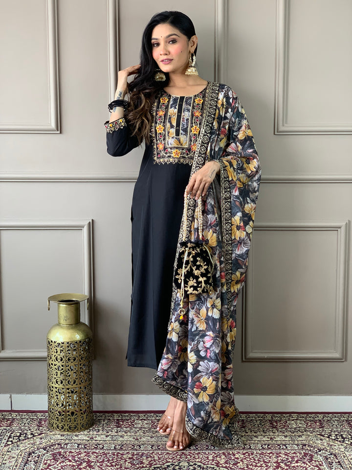 Black Color Viscose Chanderi Embroidered Straight  Kurta with Pant And Dupatta Sets