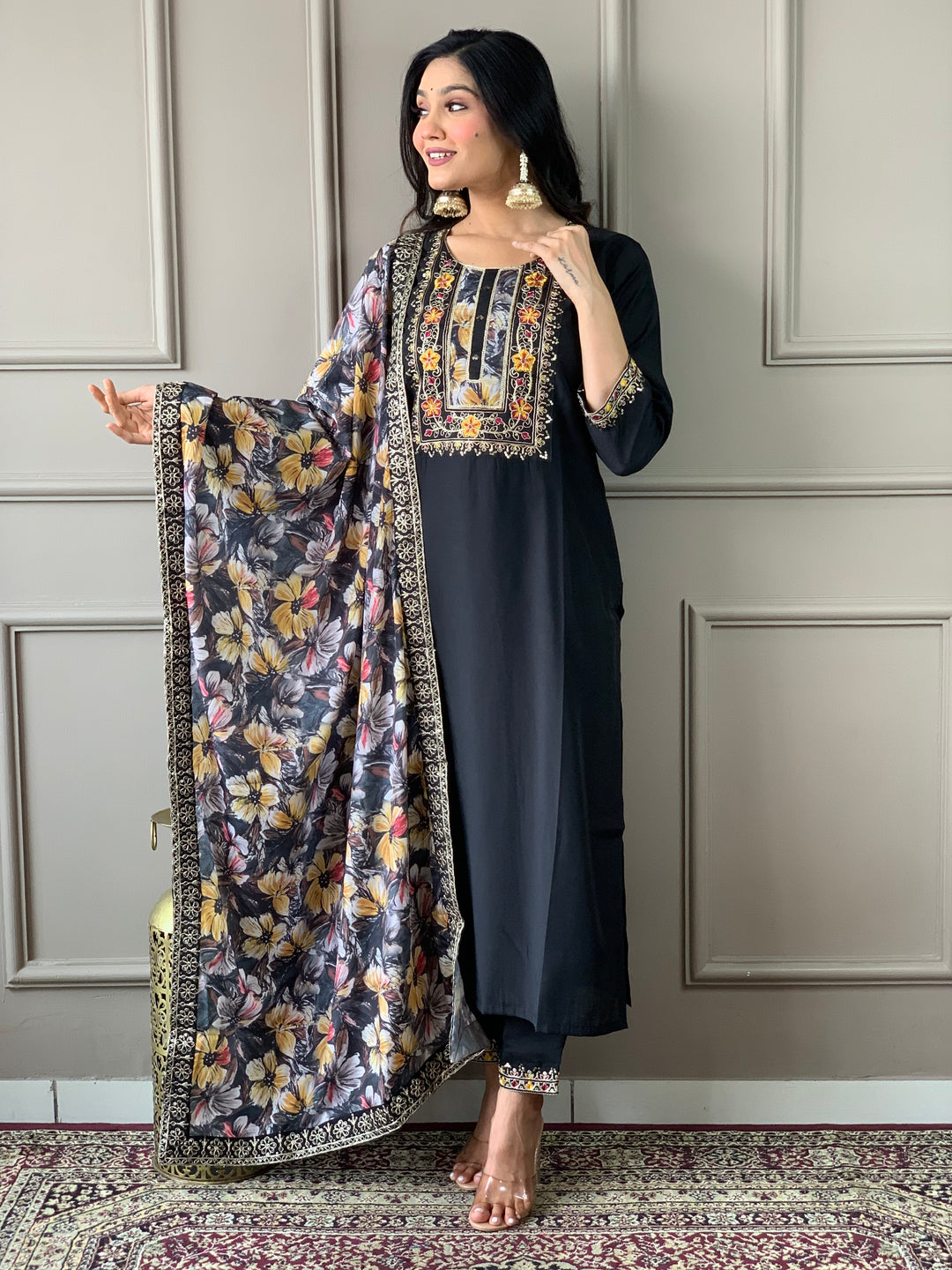 Black Color Viscose Chanderi Embroidered Straight  Kurta with Pant And Dupatta Sets