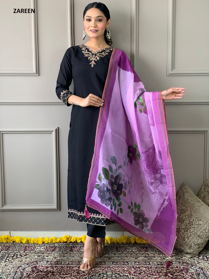Black Color Viscose Chanderi Embroidery Kurta with Pant And Dupatta Sets