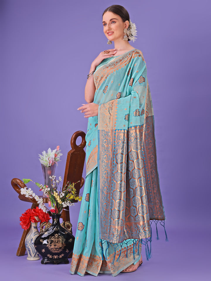 Sea Green Colour Linen Cotton Saree Printed Work With Blouse Piece